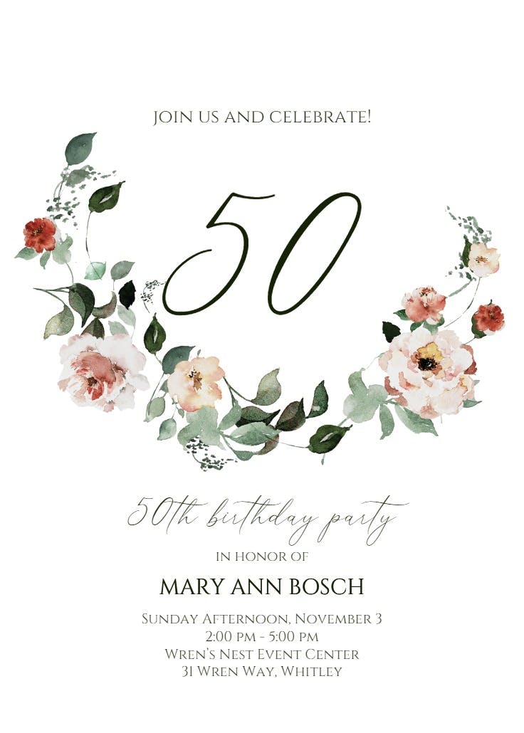Floral wreath at 50 - invitación de cumpleaños