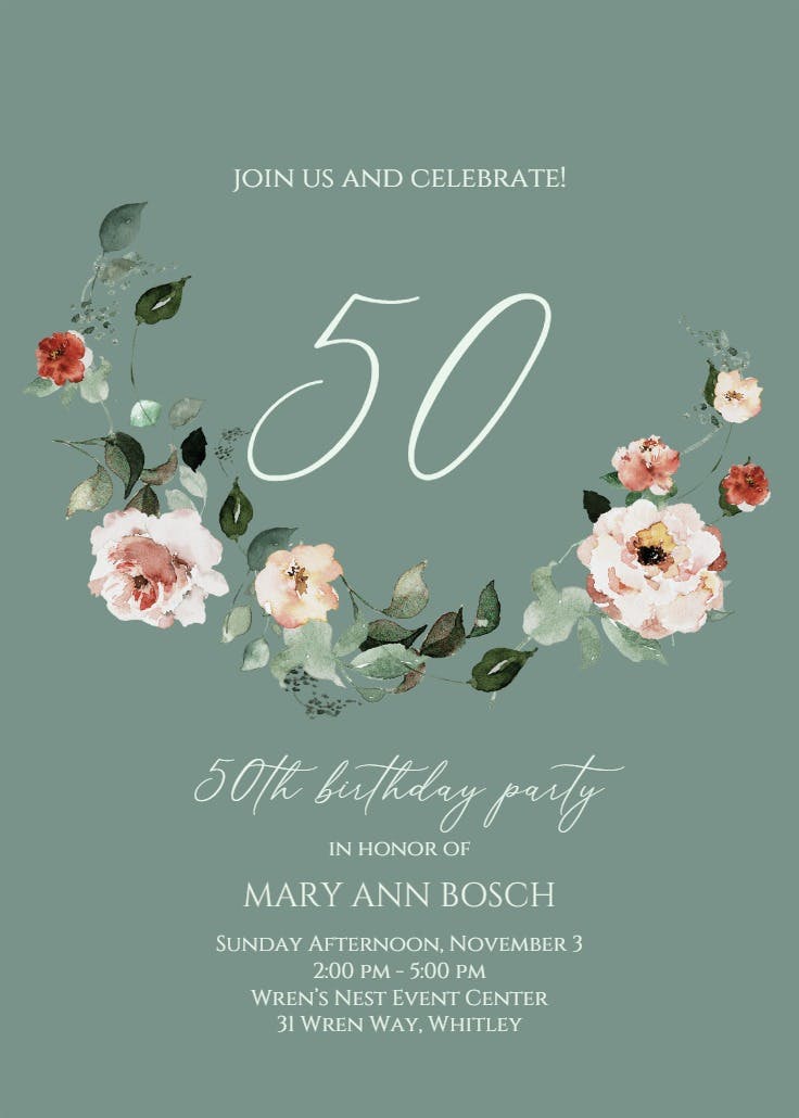 Floral wreath at 50 - birthday invitation