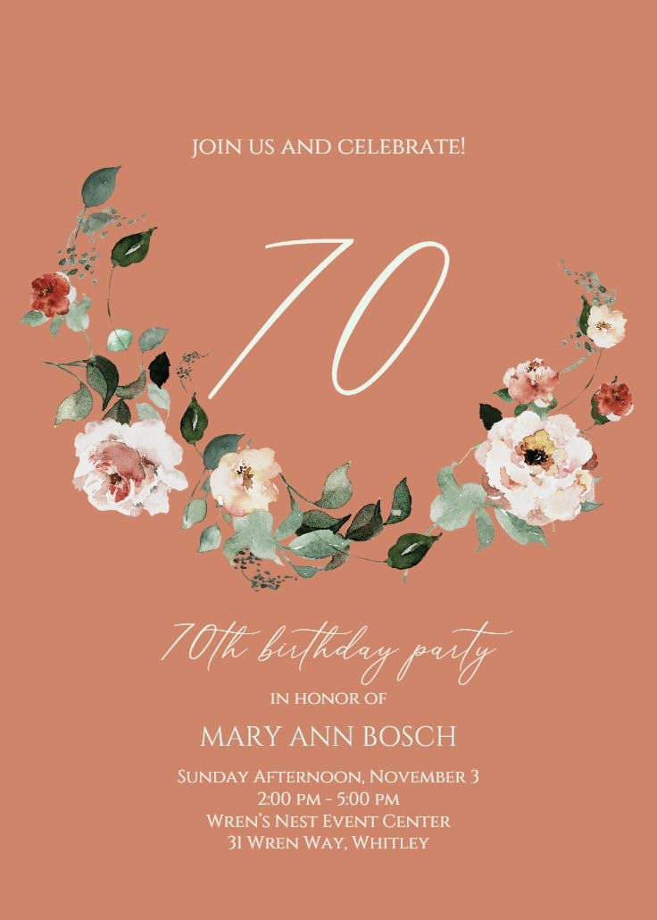 Floral wreath at 70 - birthday invitation