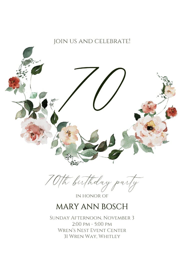 Floral wreath at 70 - birthday invitation