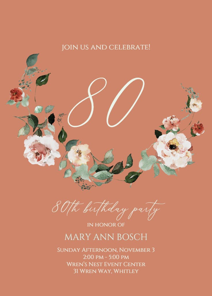 Floral wreath at 80 - birthday invitation