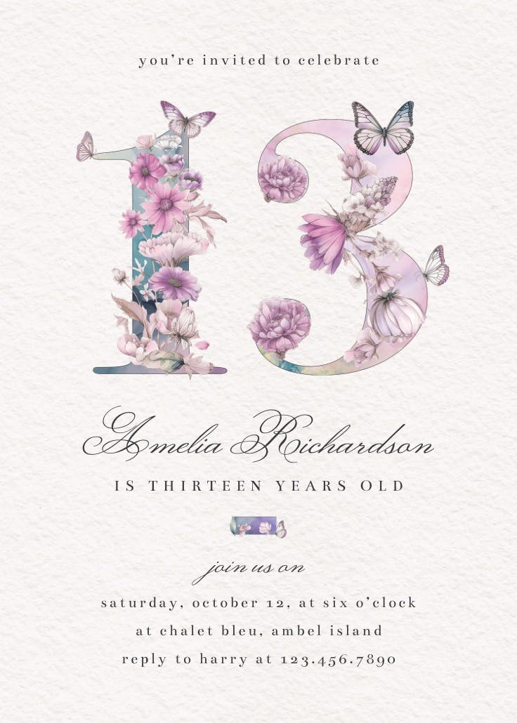 Fluttery florals 13 - invitación de cumpleaños