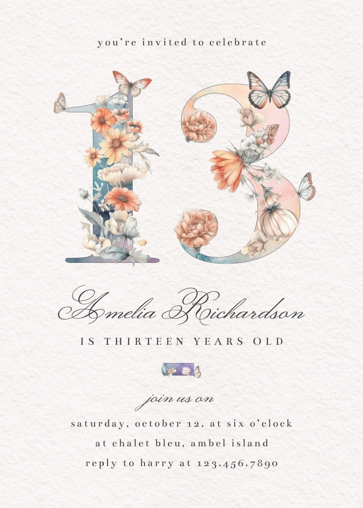 Fluttery florals 13 - birthday invitation