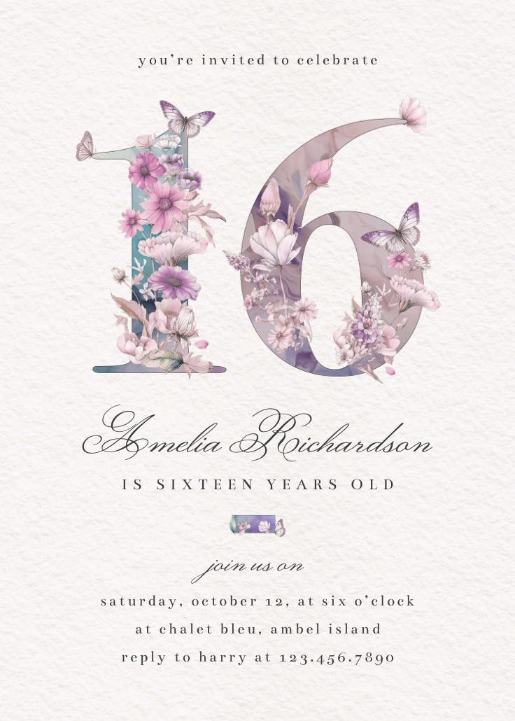 Fluttery florals 16 - sweet 16 invitation