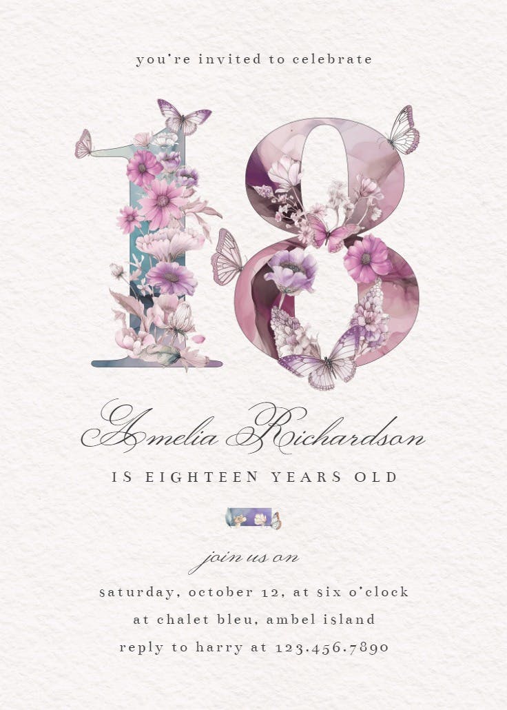 Fluttery florals 18 - birthday invitation