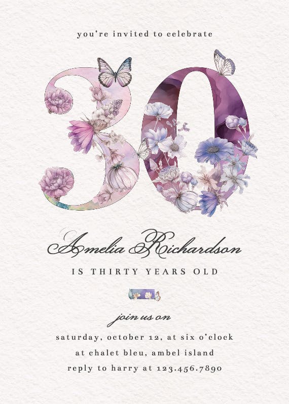 Fluttery florals 30 - birthday invitation