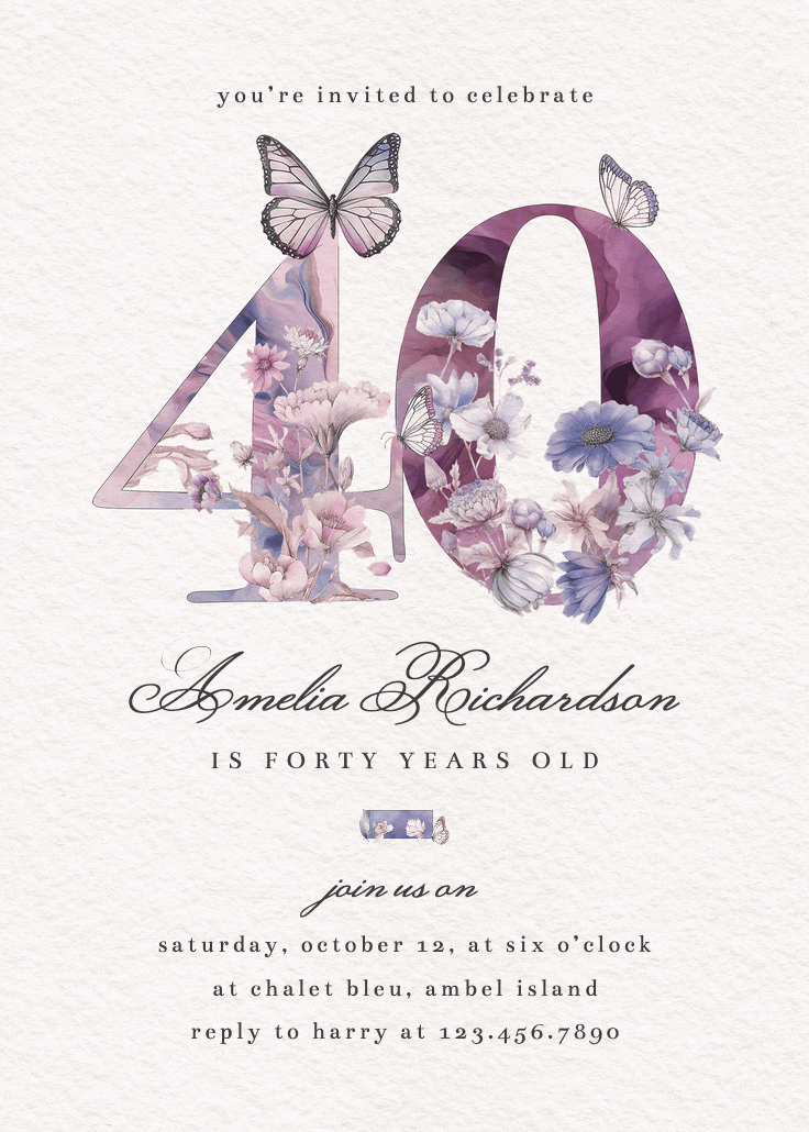 Fluttery florals 40 -  invitación de cumpleaños