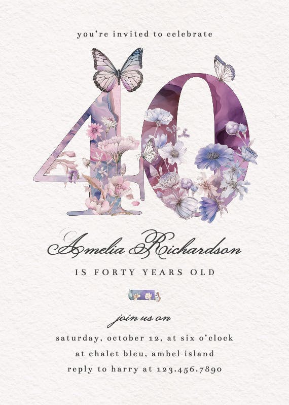 Fluttery florals 40 - birthday invitation