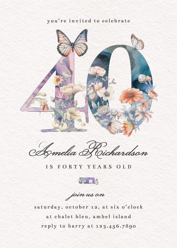Fluttery florals 40 - birthday invitation