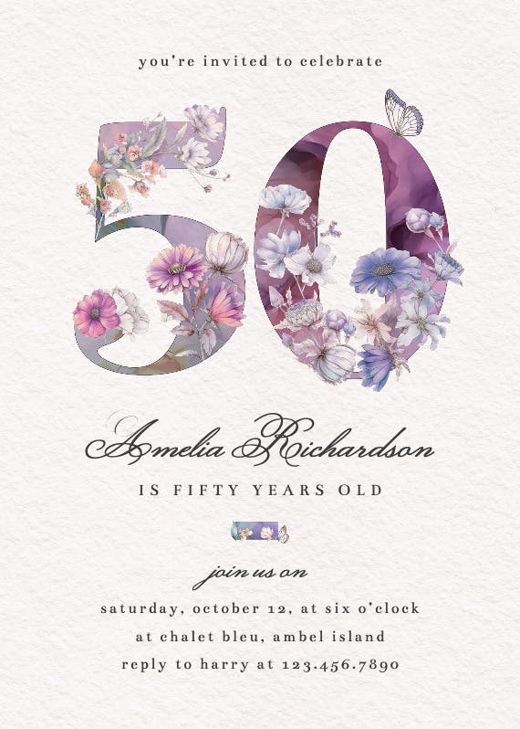 Fluttery florals 50 -  invitación de cumpleaños