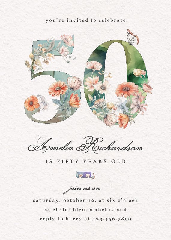 Fluttery florals 50 - birthday invitation