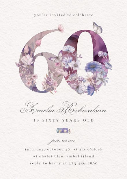 Fluttery florals 60 - birthday invitation
