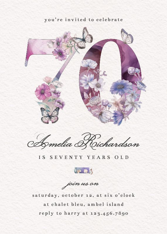 Fluttery florals 70 - birthday invitation