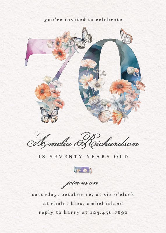 Fluttery florals 70 - birthday invitation