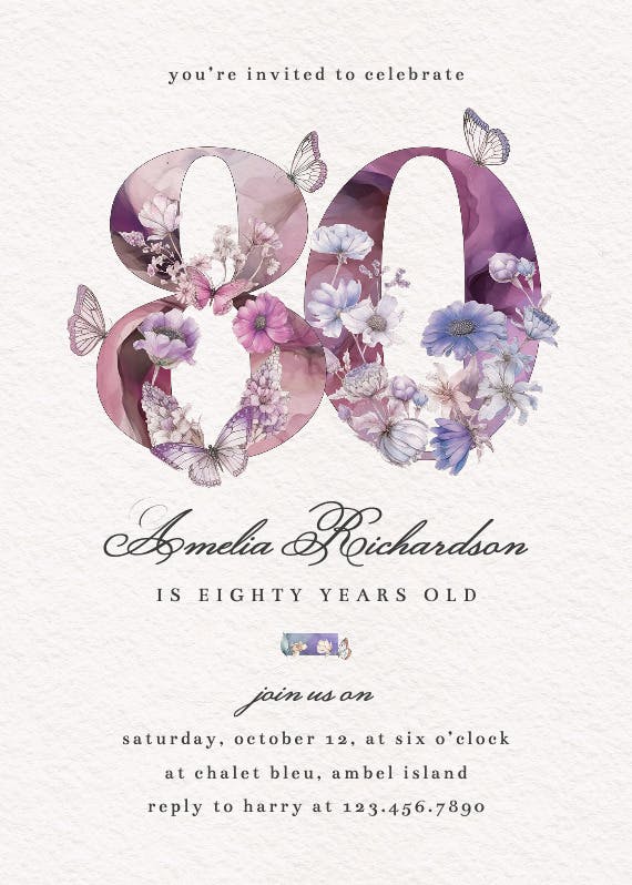 Fluttery florals 80 - birthday invitation