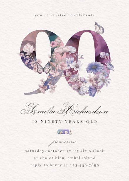 Fluttery florals 90 - birthday invitation