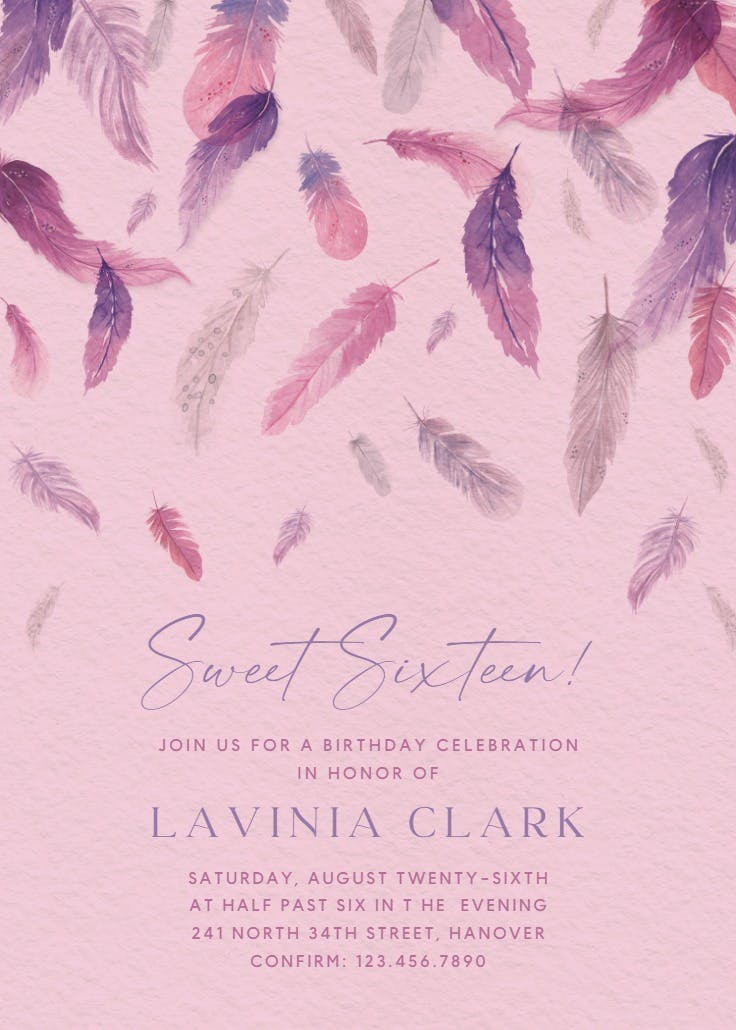 Flying feathers - sweet 16 invitation