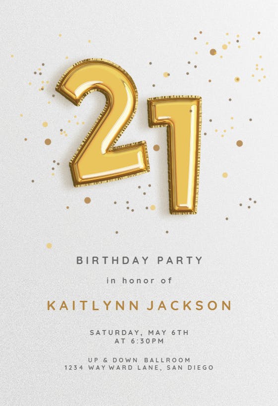 21st foil balloons -  invitación de cumpleaños