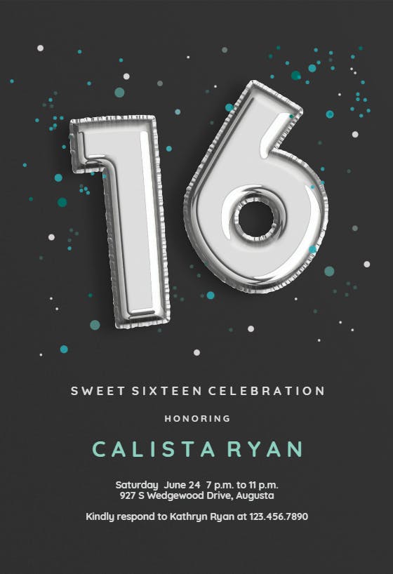 16th foil balloons -  invitación de cumpleaños