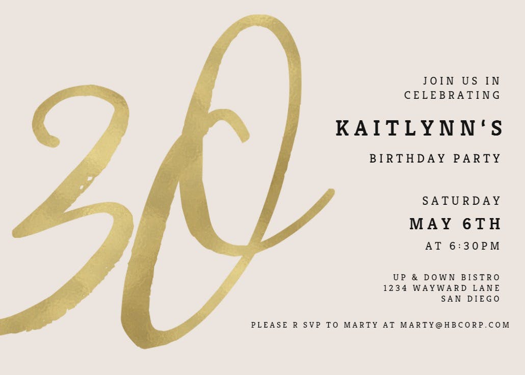 Foil numeric 30 - birthday invitation