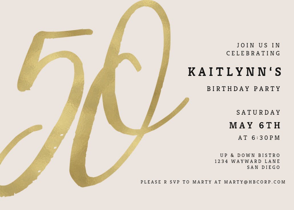 Foil numeric 50 - birthday invitation