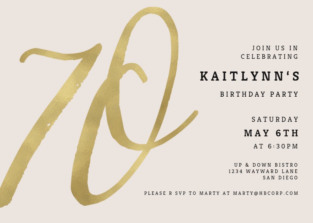 Foil numeric 70 - birthday invitation