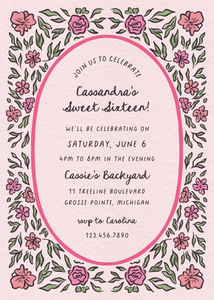 Frame of blooms - sweet 16 invitation