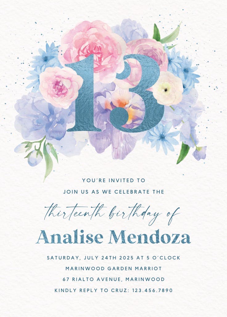 Glitter & bloom 13 - invitación de cumpleaños