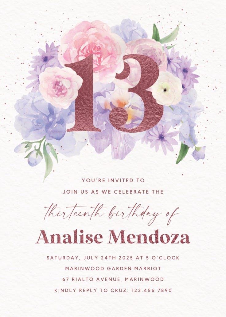 Glitter & bloom 13 - invitación de cumpleaños