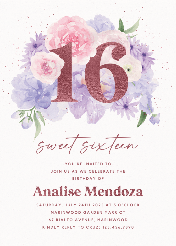 Glitter & bloom - sweet 16 invitation
