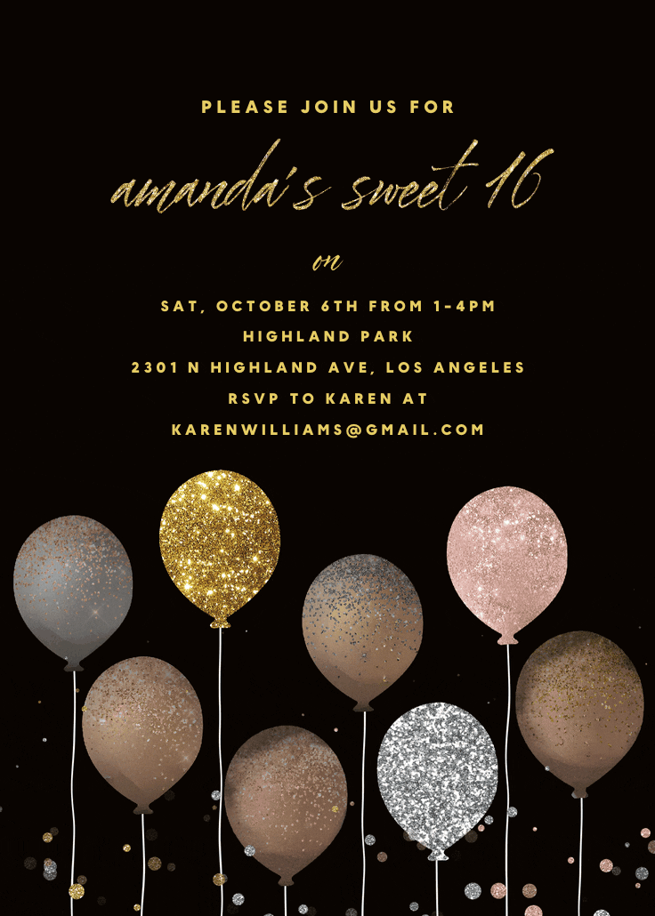 Glitter balloons - sweet 16 invitation