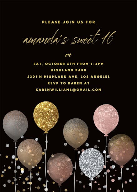 Glitter balloons - sweet 16 invitation