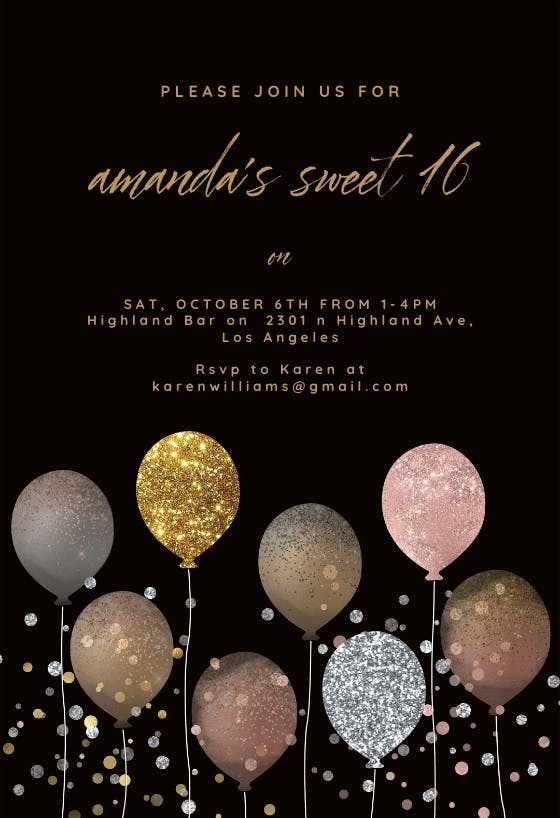 Glitter balloons - invitación de cumpleaños
