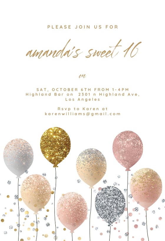 Glitter balloons - invitación de cumpleaños