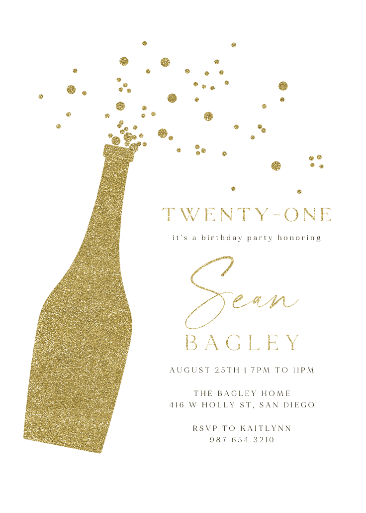 Glitter bubbly - invitación de cumpleaños