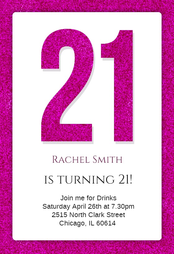 Glitter pink 21st -  invitación de cumpleaños
