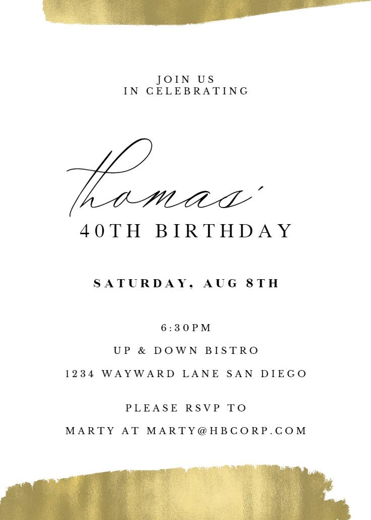 Golden brush strokes - birthday invitation