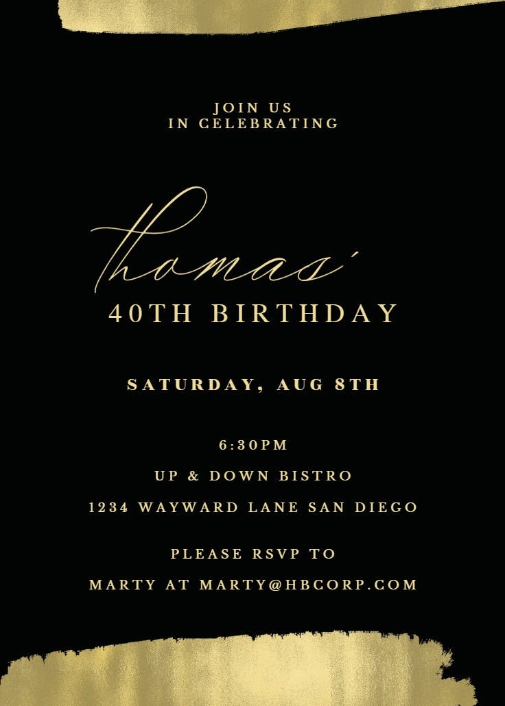 Golden brush strokes - birthday invitation