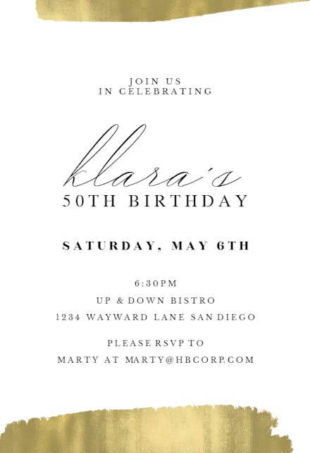 Golden brush strokes - birthday invitation