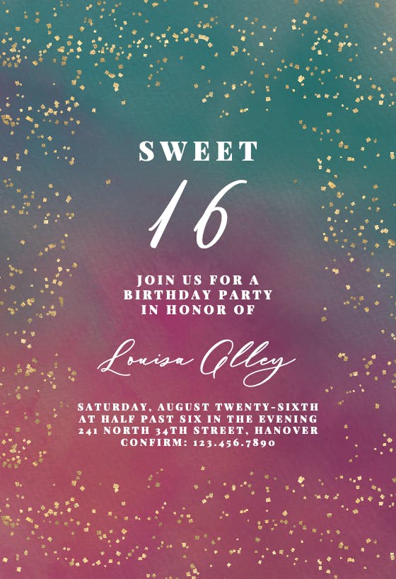 Golden confetti party at 16 - birthday invitation
