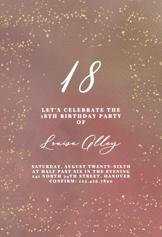 Golden confetti party at 18 - birthday invitation
