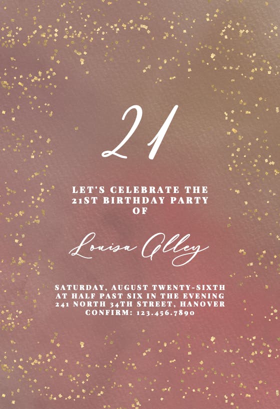 Golden confetti party at 21 - birthday invitation