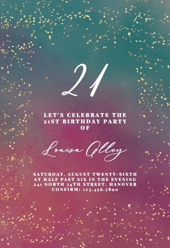 Golden confetti party at 21 -  invitación de cumpleaños