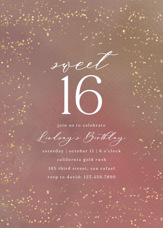 Golden confetti party at 16 - sweet 16 invitation