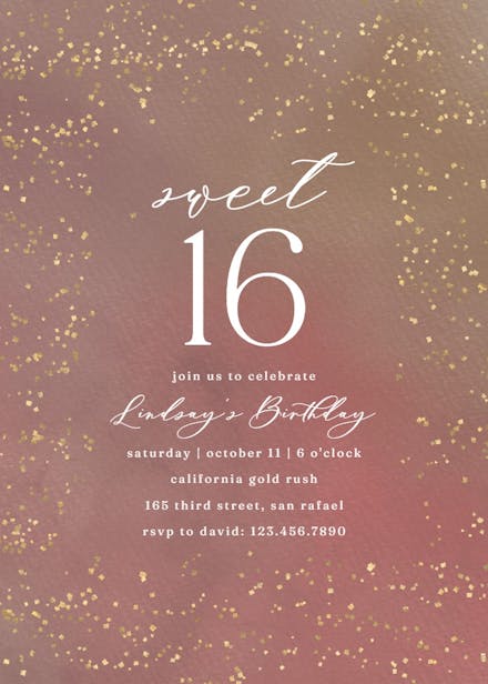 Golden confetti party at 16 - sweet 16 invitation