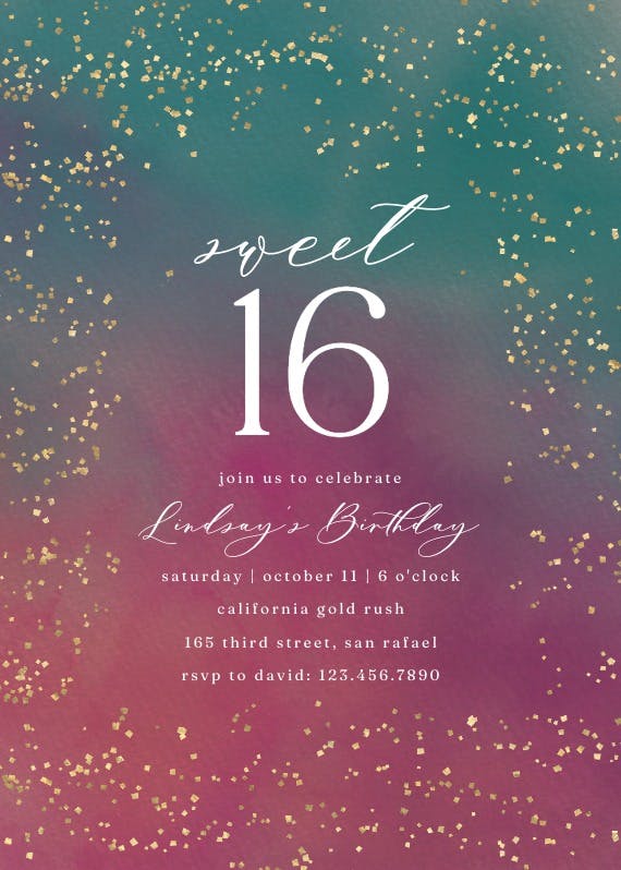 Golden confetti party at 16 - birthday invitation