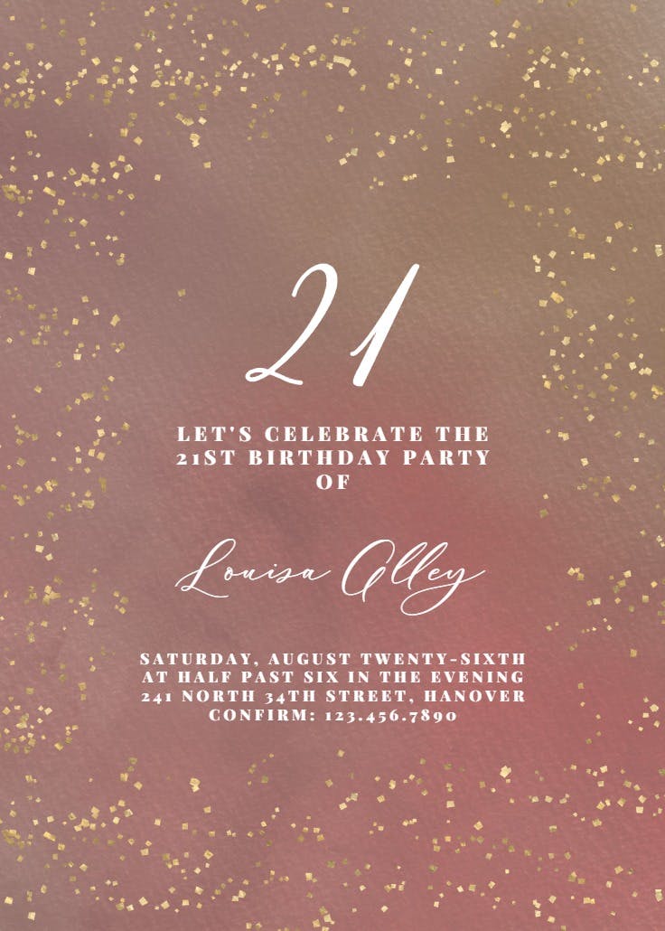 Golden confetti party at 21 - birthday invitation