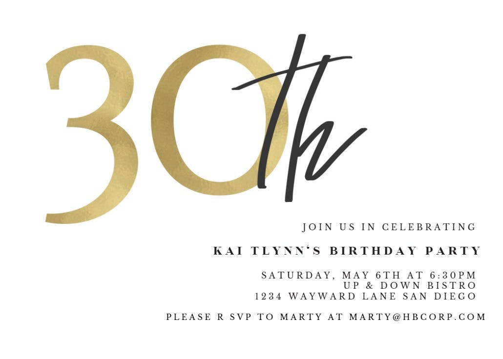 Golden numerals 30 - birthday invitation