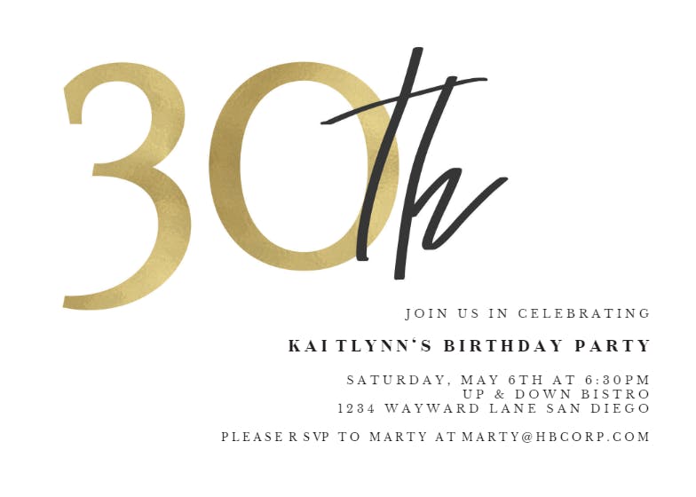 Golden numerals 30 - birthday invitation