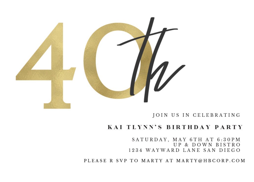 Golden numerals 40 - birthday invitation